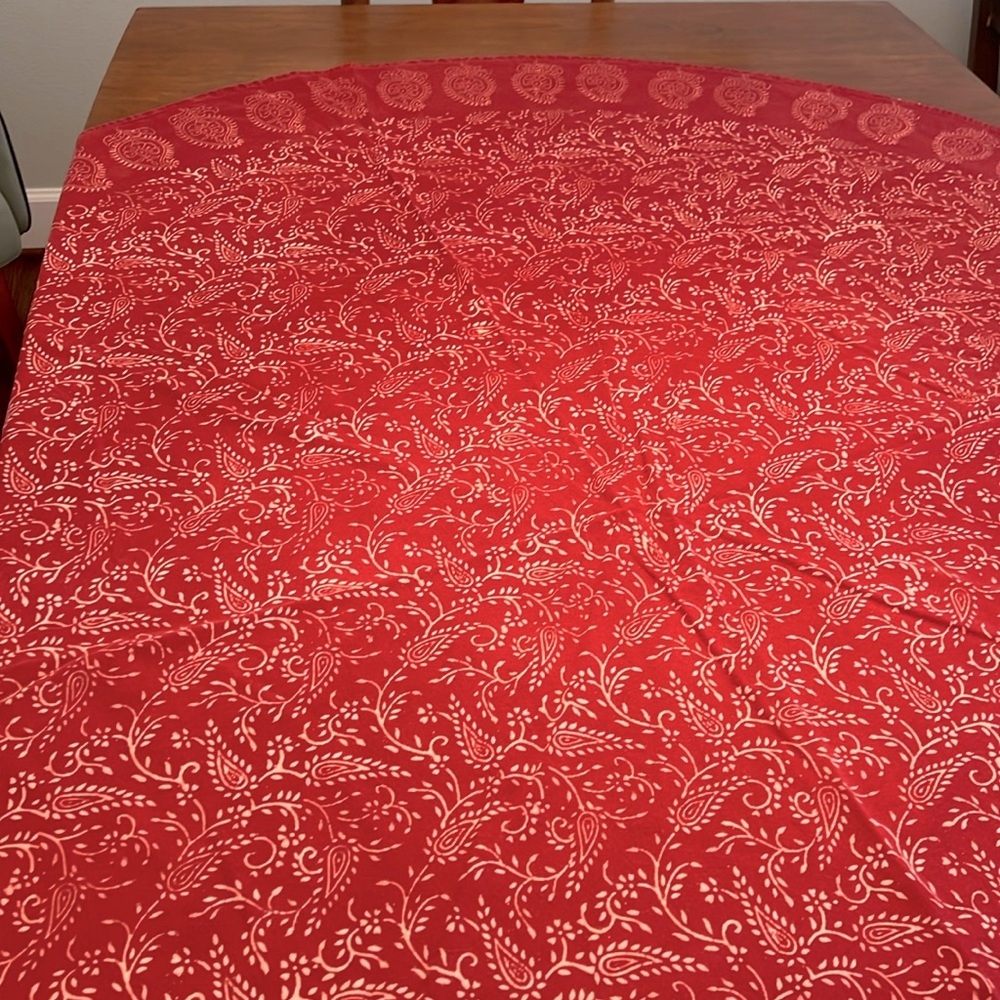 60” round red batik cotton tablecloth